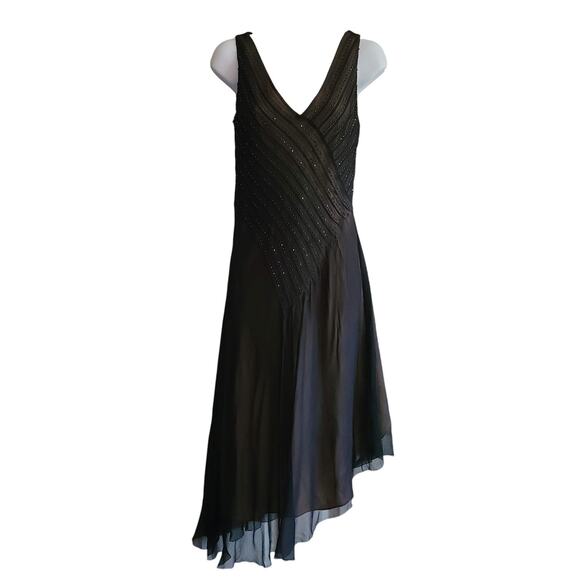 ADRIANNA PAPELL 100% Silk Beaded Midi Dress Asymmetric Hem Retro Style Women's 6 - Picture 1 of 13